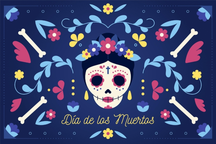 Day of the Dead party ideas graphic with flowers, skulls, bones | Fat Mama's Tamales
