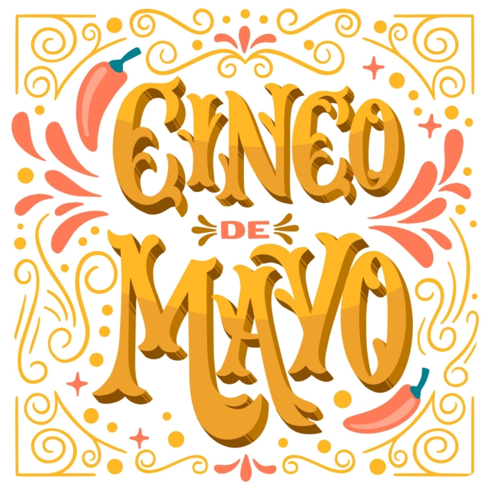 hand drawn words Cinco de Mayo with peppers and flourishes
