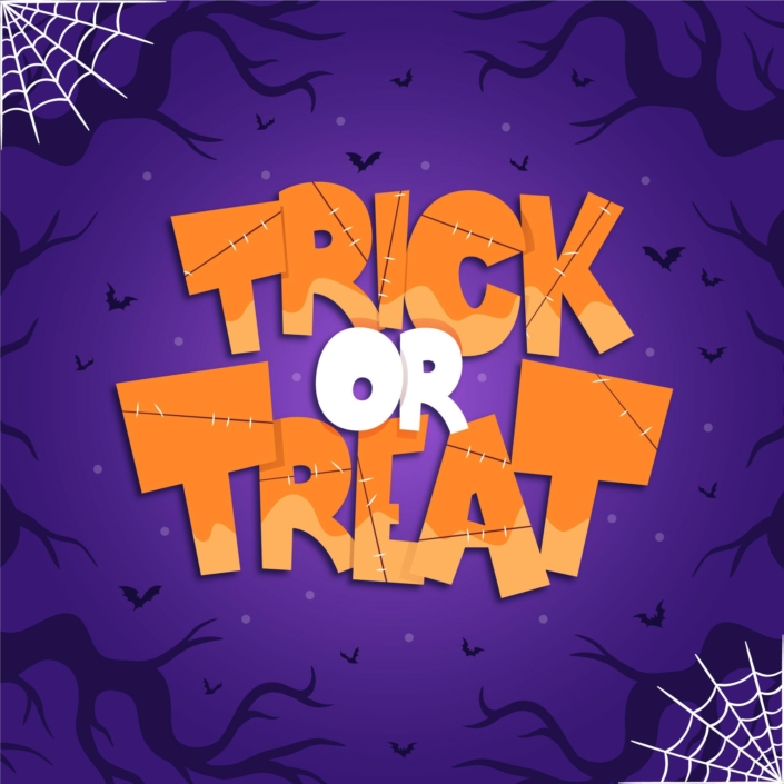 Trick or Treat writing with spider webs and twisted branches