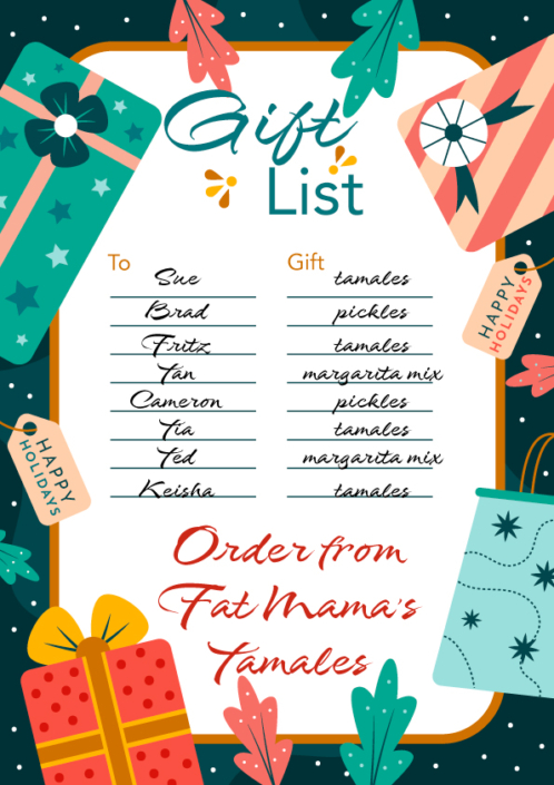 holiday gift list with suggestions written on it | Fat Mama's Tamales