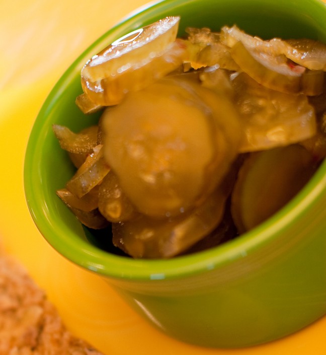 Fat Mama's Fire and Ice Pickles in a green bowl | Fat Mama's Tamales Restaurant Natchez MS