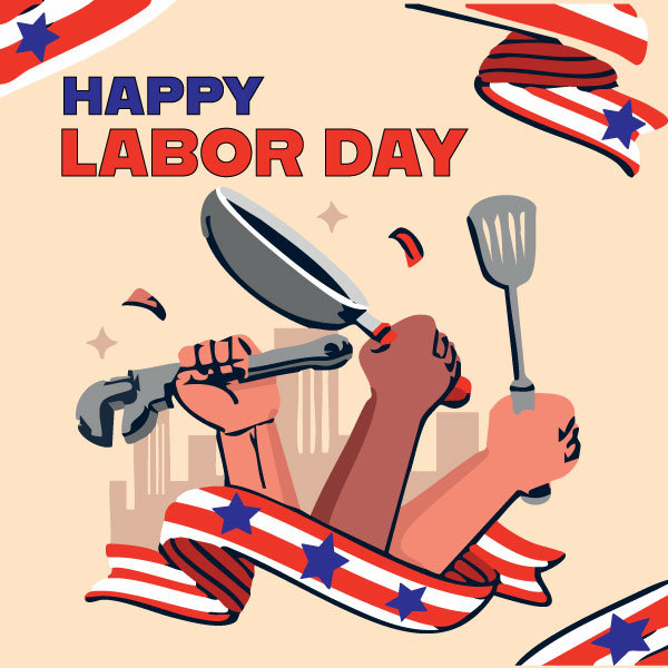 Happy-labor-day text with arms holding tools