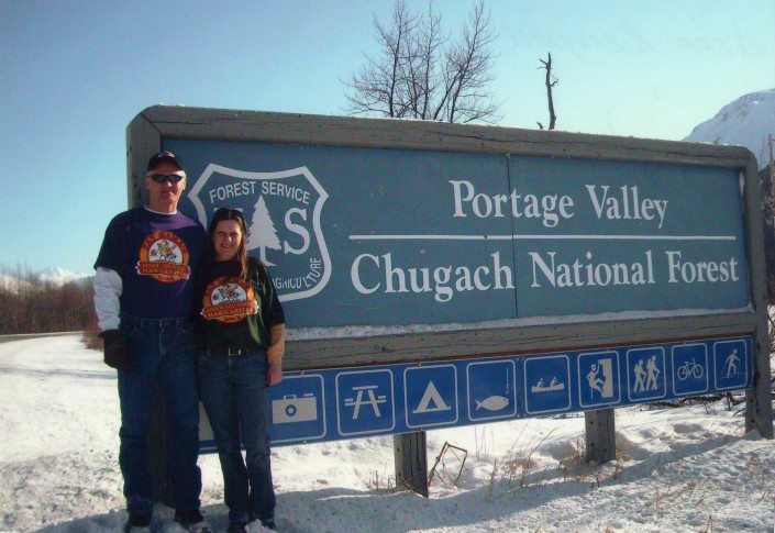 Couple with Fat Mama’s Tamales t-shirts at Portage Valley Chugach National Forest | Fat Mama's Tamales