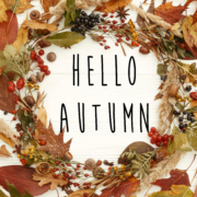 Hello Autumn text on autumn wreath flat lay. Fall leaves in circle